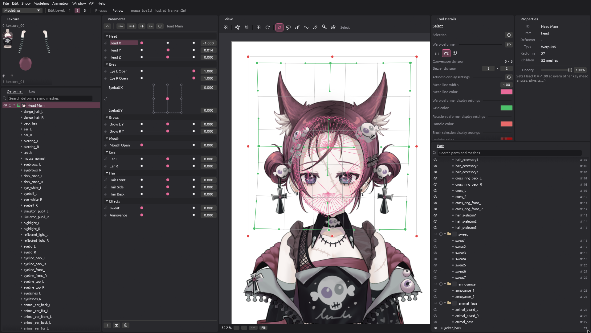 A warp deformer with its Bezier handles over the whole model, keyed to the head parameters